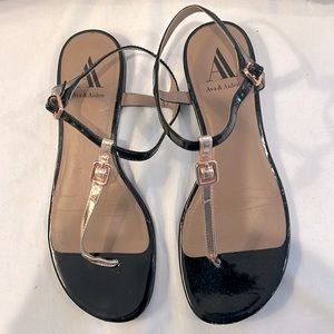 Black patent leather and rose gold sandals, size 7